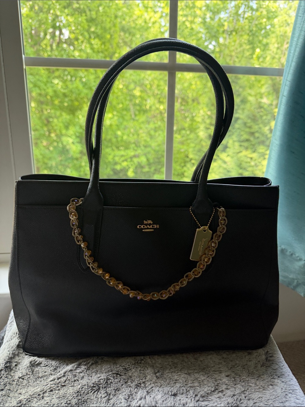 Coach Black Leather Tote with Gold Chain Strap